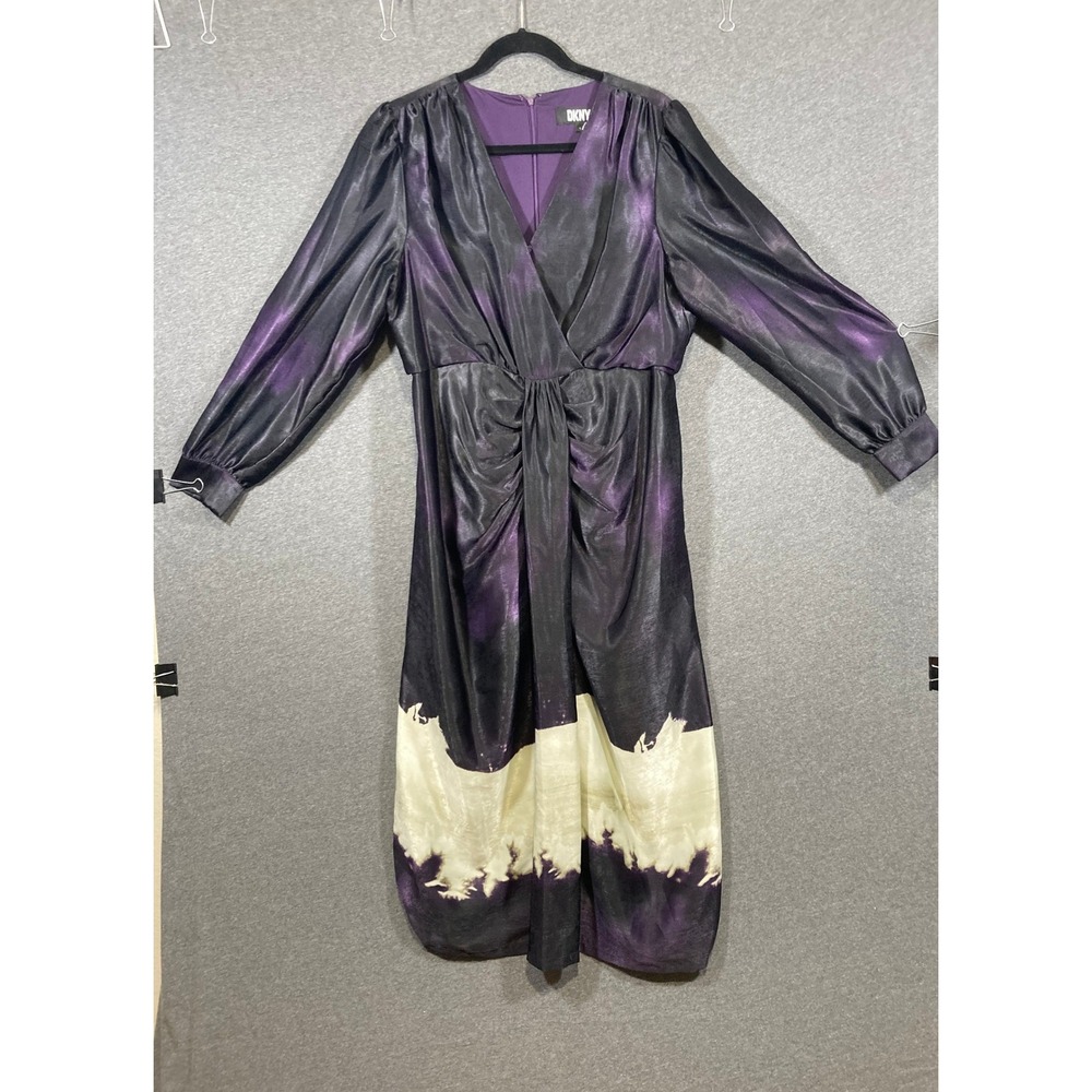 DKNY Womens Purple Black Abstract Tie Dye Satin Long Sleeve Midi Dress Large